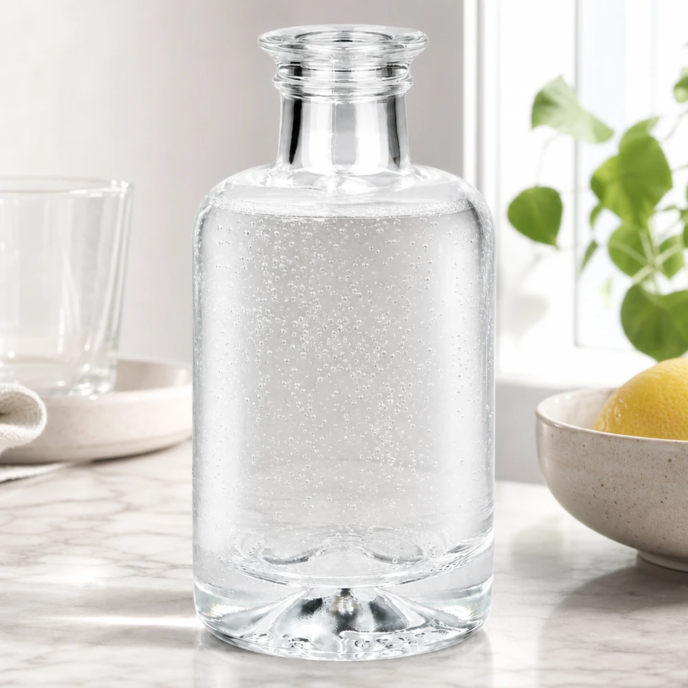 Flacone farmaceutico da 100 ml Sofia senza tappo UNiTWIST® Bottiglia di vetro Sofia da 100 ml riempita di acqua frizzante sul piano di lavoro bianco della cucina accanto a limoni e piante