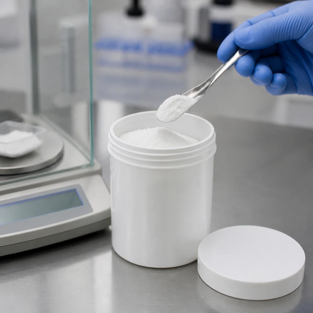Pot blanc ouvert de 500 g à côté d'une balance d'analyse lors du pesage professionnel de substances en poudre