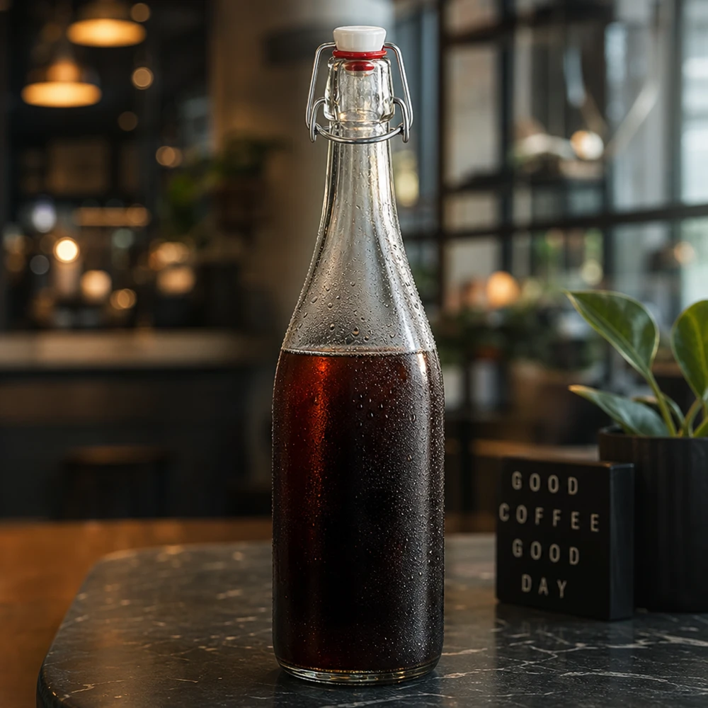 Bottiglia in vetro da 750 ml + tappo a battente in PVC UNiTWIST Bottiglia di vetro da 750 ml con tappo oscillante riempita di cola Caffè d'atmosfera cold brew coffee illuminazione ambientale elegante