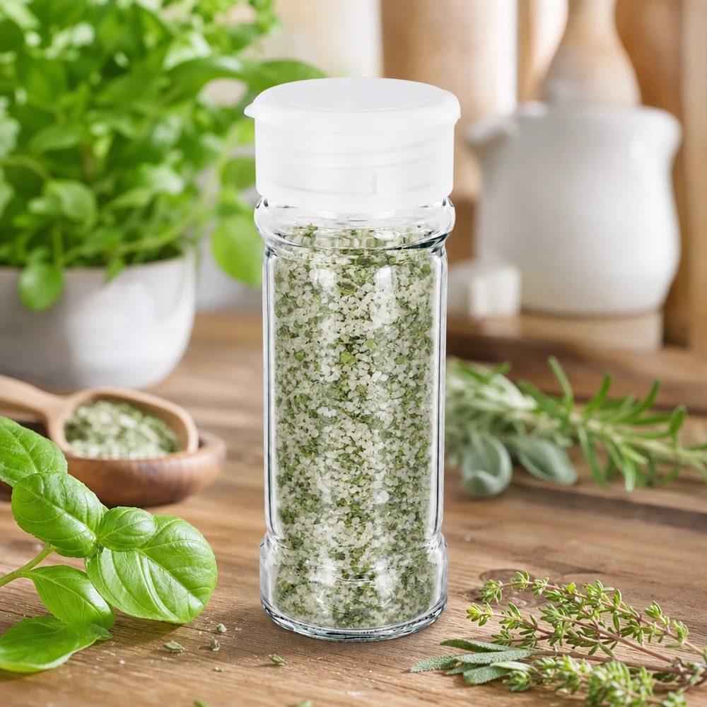 Pot à sel/épices 100 ml avec saupoudreuse, blanc Transparentes Glasgewürzgefäß 100ml mit weißem Streueraufsatz neben frischen Küchenkräutern