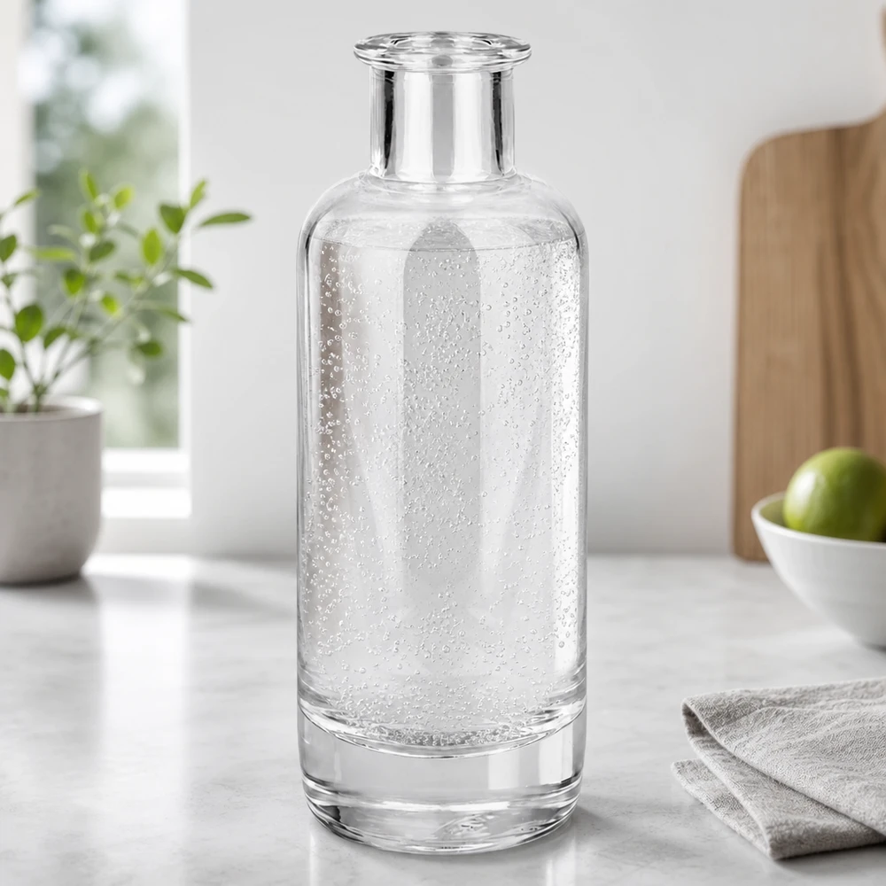 Bottiglia di vetro da 200 ml Ella riempita di acqua minerale frizzante in una cucina moderna mostra l'uso per le bevande