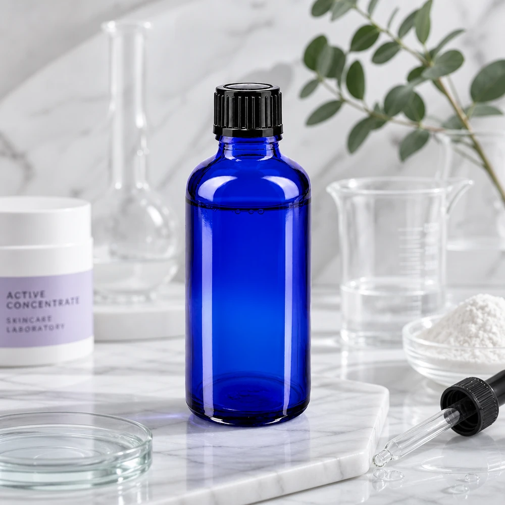 Flacon de laboratoire de 50 ml en verre d'apothicaire bleu cobalt, muni d'un bouchon compte-gouttes noir, dans le laboratoire de soins de la peau