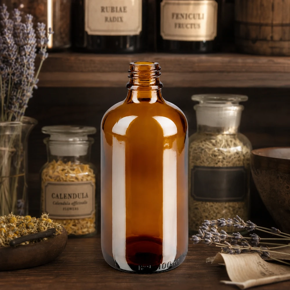 Bottiglia da 100 ml in ApoGlas marrone con erbe di calendula e lavanda in un'atmosfera da speziale rustico