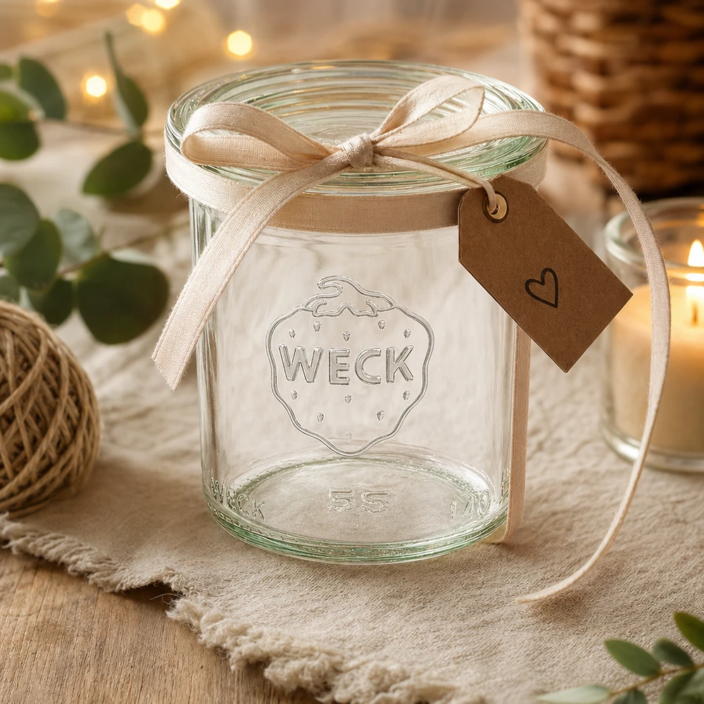 WECK Sturzglas 140ml RR60 als Geschenk dekoriert mit beiger Schleife und Herzanhänger auf rustikalem Holztisch