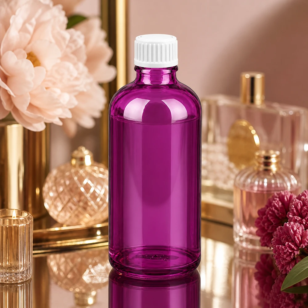 100ml (Globuli)Flasche 3mm Giessring weiß Standard PurpleLine. UT18/100 Stilvolle lila 100ml Glasflasche mit klassischem Schraubgewinde für Premium-Kosmetiklinien