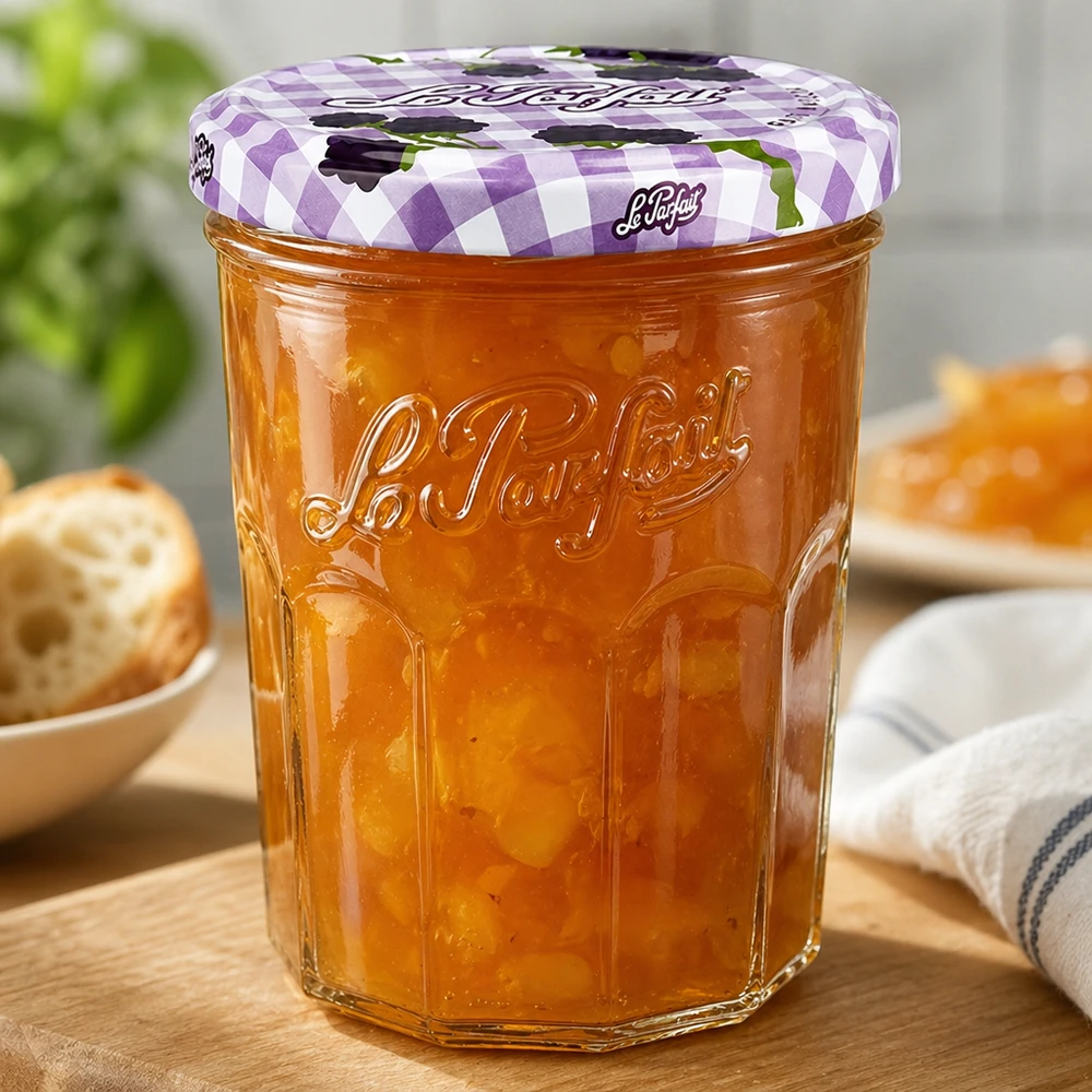Le Parfait® Jam 385 ml Ø82 mm vaso marmellata Bicchierini Le Parfait da 385 ml riempiti di marmellata d'arance sul tavolo di legno accanto al vassoio del pane e della colazione