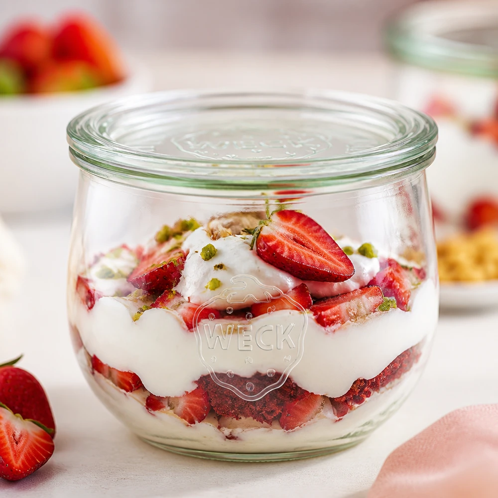 Vaso WECK a tulipano 580ml RR100 riempito con dessert allo yogurt alla fragola come variante dessert con pistacchi su superficie bianca