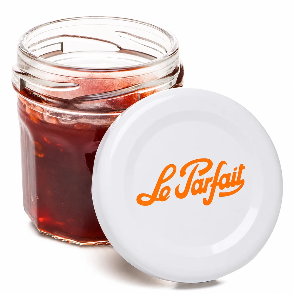 Le Parfait® Mini‑Jam 44 ml Ø48 mm vaso Mini vasetto Le Parfait da 44 ml aperto con marmellata rossa e logo arancione su coperchio bianco