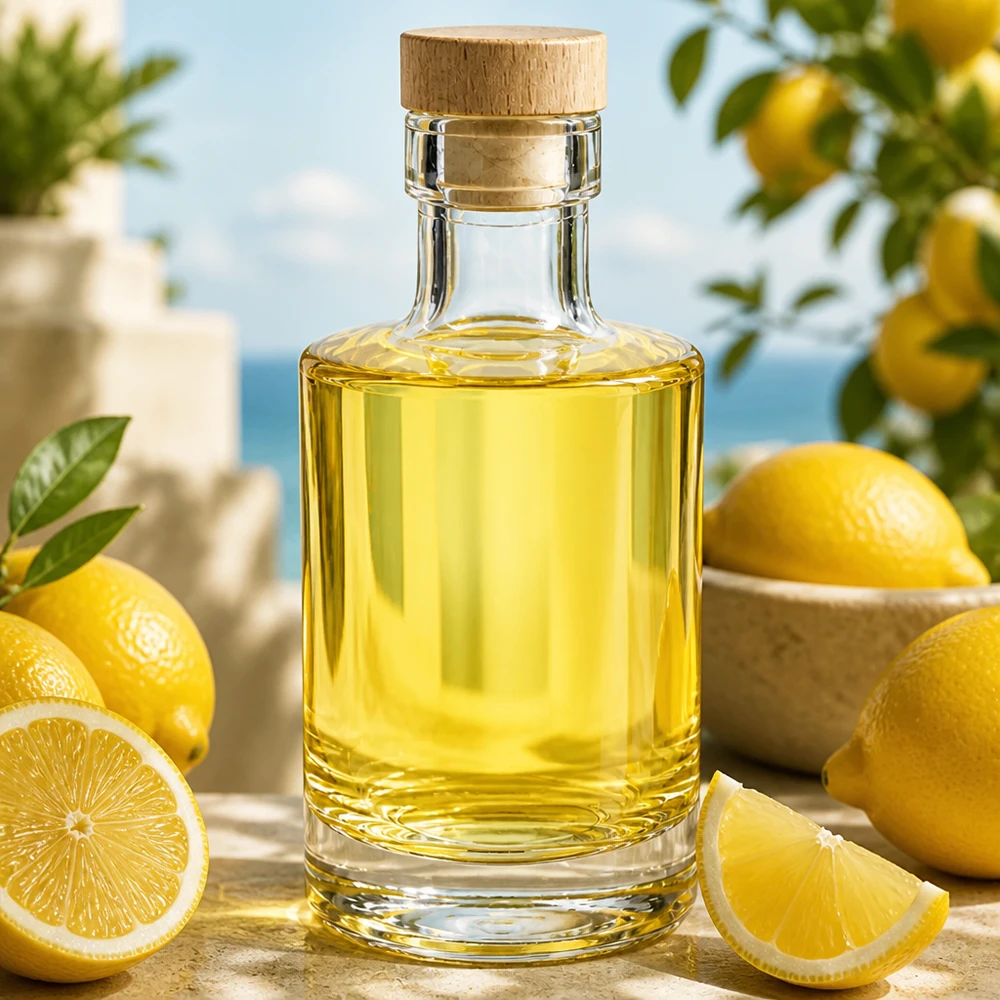 Bottiglia di vetro da 200 ml Marie riempita di olio giallo, tappo di sughero, disposta in modo decorativo con limoni su un tavolo di legno