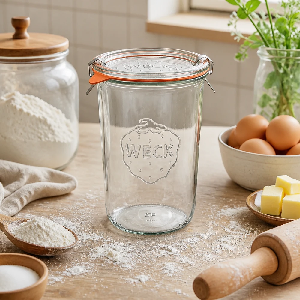 850ml Sturzglas komplett WECK RR100 WECK Sturzglas 850ml RR100 in natürlicher Küchenumgebung mit Backzutaten Eiern Butter und Mehl zum Einkochen