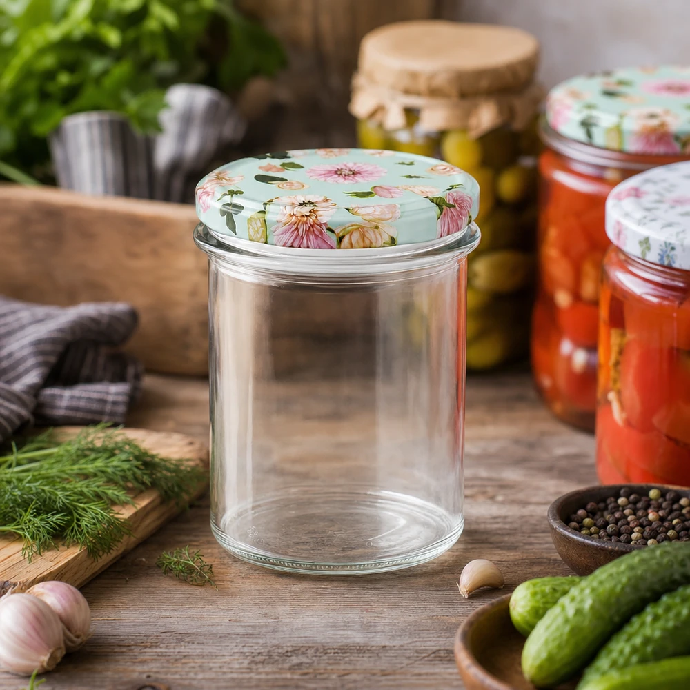 Bicchieri da 350 ml + Coperchio BasicSeal fiore di menta UNiTWIST Barattolo per conserve da 350 ml con coperchio a forma di fiore di menta in una cucina rustica, circondato da cetriolini freschi e spezie per la conservazione