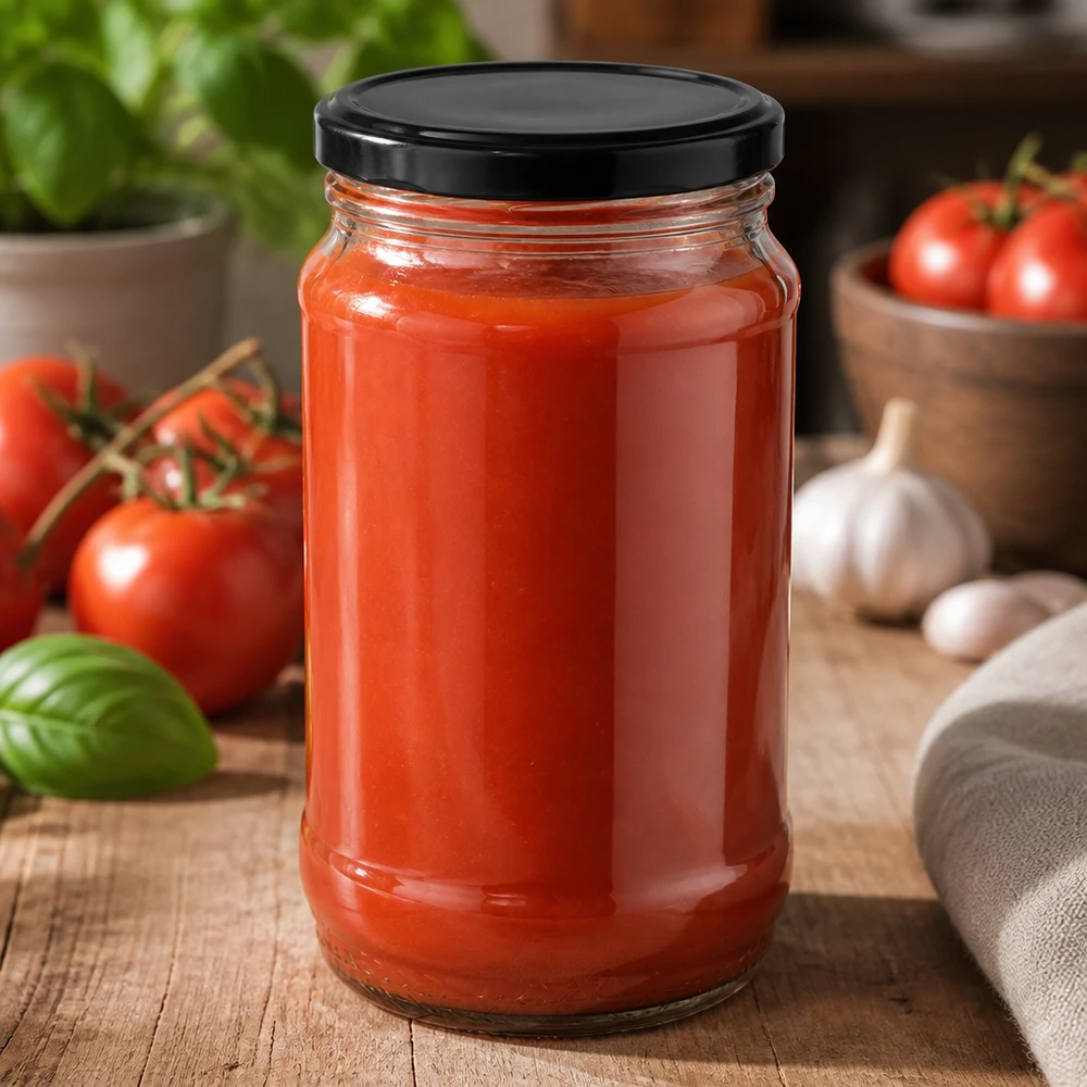 370ml Rundglas + BasicSeal schwarz UNiTWIST UNiTWIST Rundglas 370ml mit Tomatensauce schwarzem BasicSeal Twist-off Deckel und frischen Tomaten