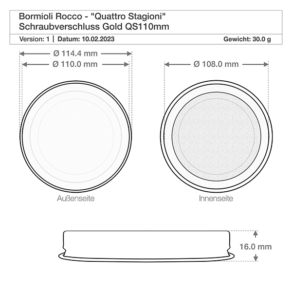 Capsula 110mm Disegno tecnico tappo a vite Quattro Stagioni con dimensioni 114,4 mm di diametro e 16 mm di altezza