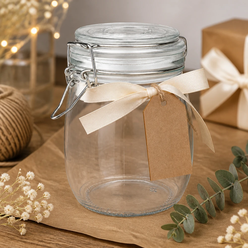 Barattolo decorativo da 750 ml con fiocco color crema e etichetta regalo per le occasioni speciali