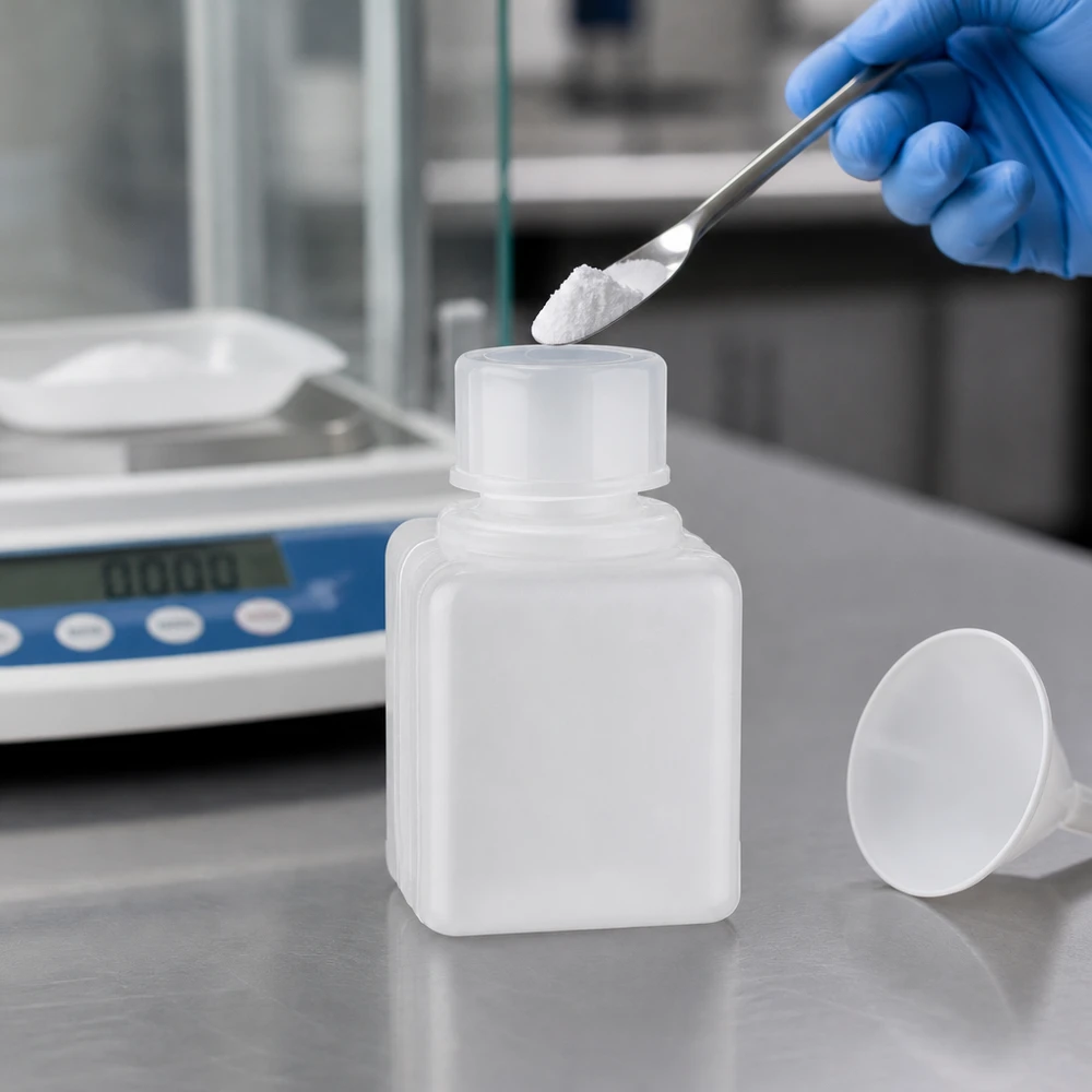 Flacon à produits chimiques 20 ml à col étroit, PEHD couleur naturelle, avec bouchon GL 18 Remplissage d'un flacon de produits chimiques de 20 ml avec une substance solide à l'aide d'une spatule en laboratoire