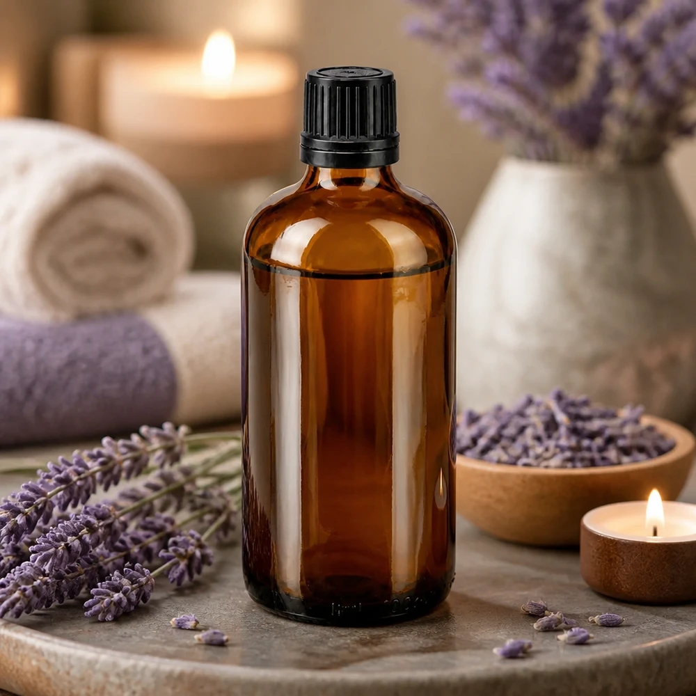 Flacon en verre brun de 100 ml muni d'un compte-gouttes, entre des fleurs de lavande et des bougies