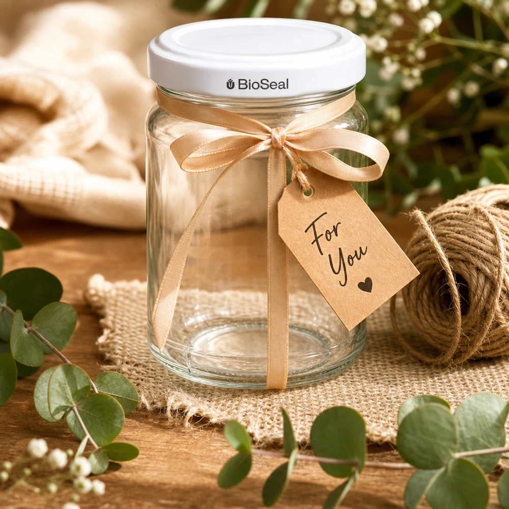 205ml Verre rond avec couvercle BioSeal blanc UNiTWIST UNiTWIST Runda205 Boîte en verre avec couvercle TO58 BioSeal décorée comme cadeau avec un ruban et une étiquette cadeau