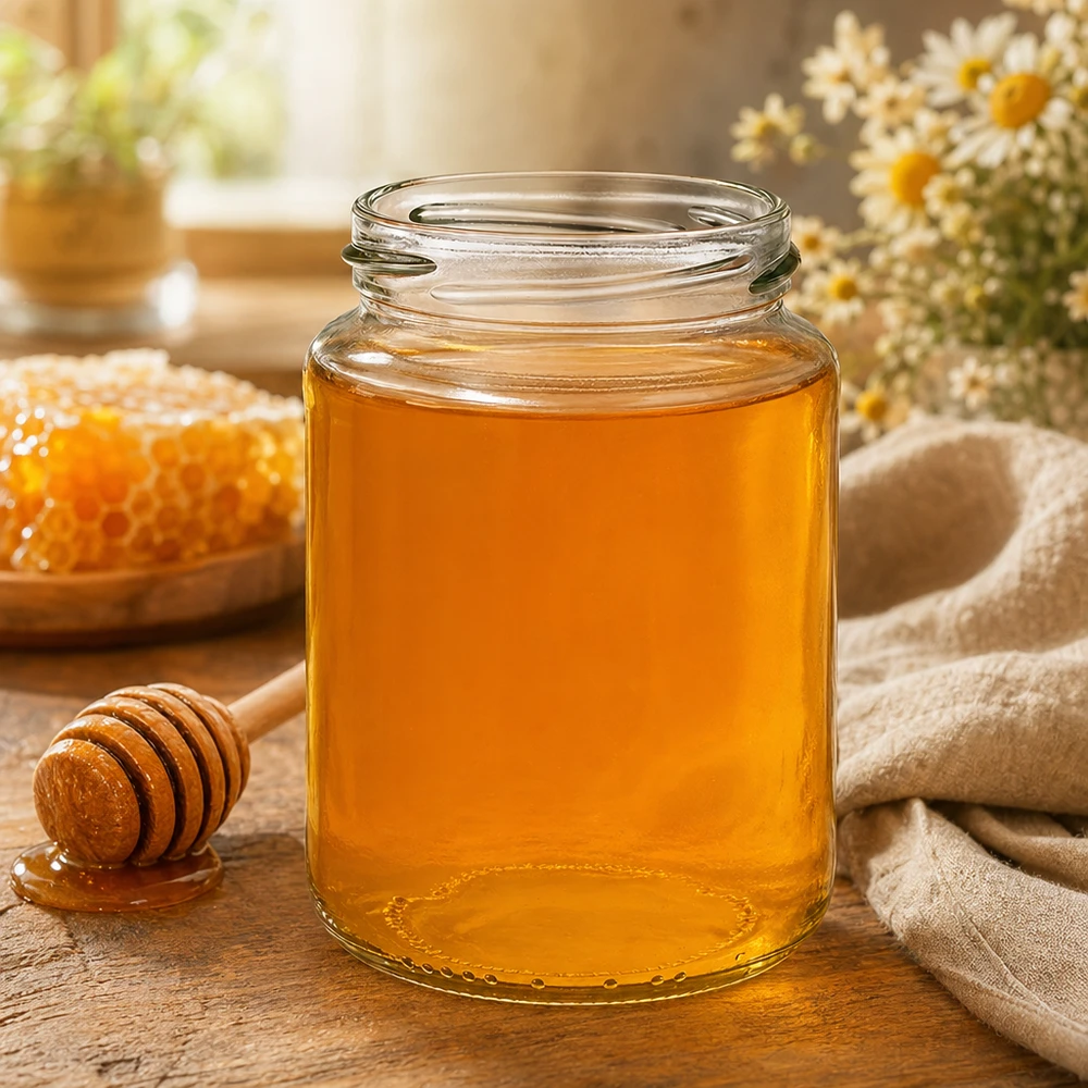 UNiTWIST Runda382 Rundglas 382ml TO66 mit Honig gefüllt neben Honigwabe und Holzlöffel auf rustikalem Holztisch