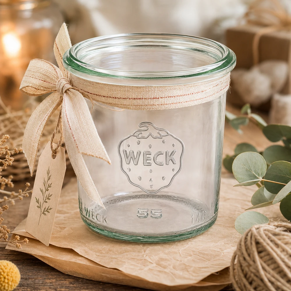 Bicchieri da 140 ml WECK RR60 Barattolo WECK RR60 da 140 ml con nastro su tavoletta di legno, vaso da conserva vuoto per marmellata e conserve