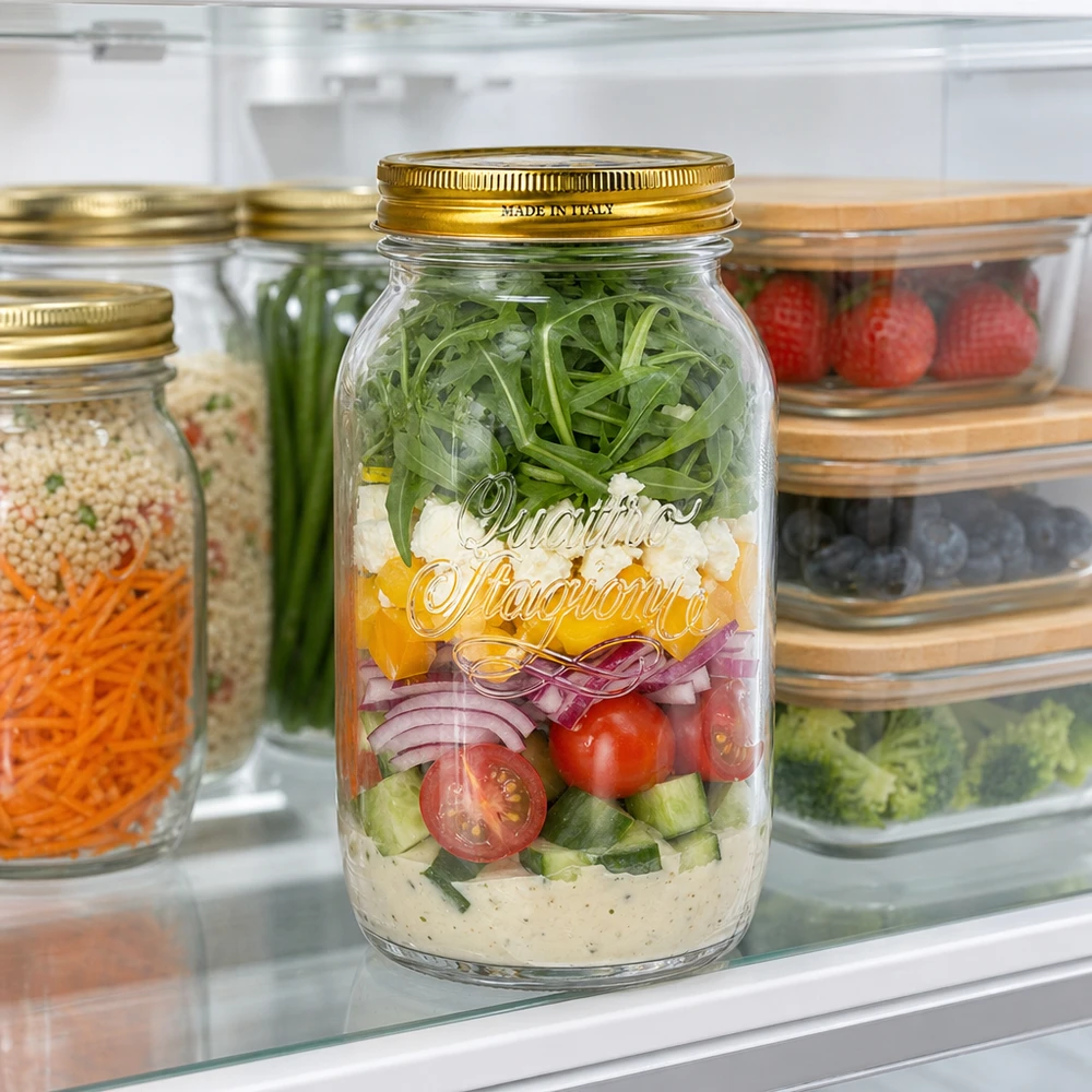 1500ml vetro tondo "Quattro Stagioni" con coperchio Barattolo da 1500 ml Quattro Stagioni riempito di insalata a strati in frigo per la conservazione dell'insalata.