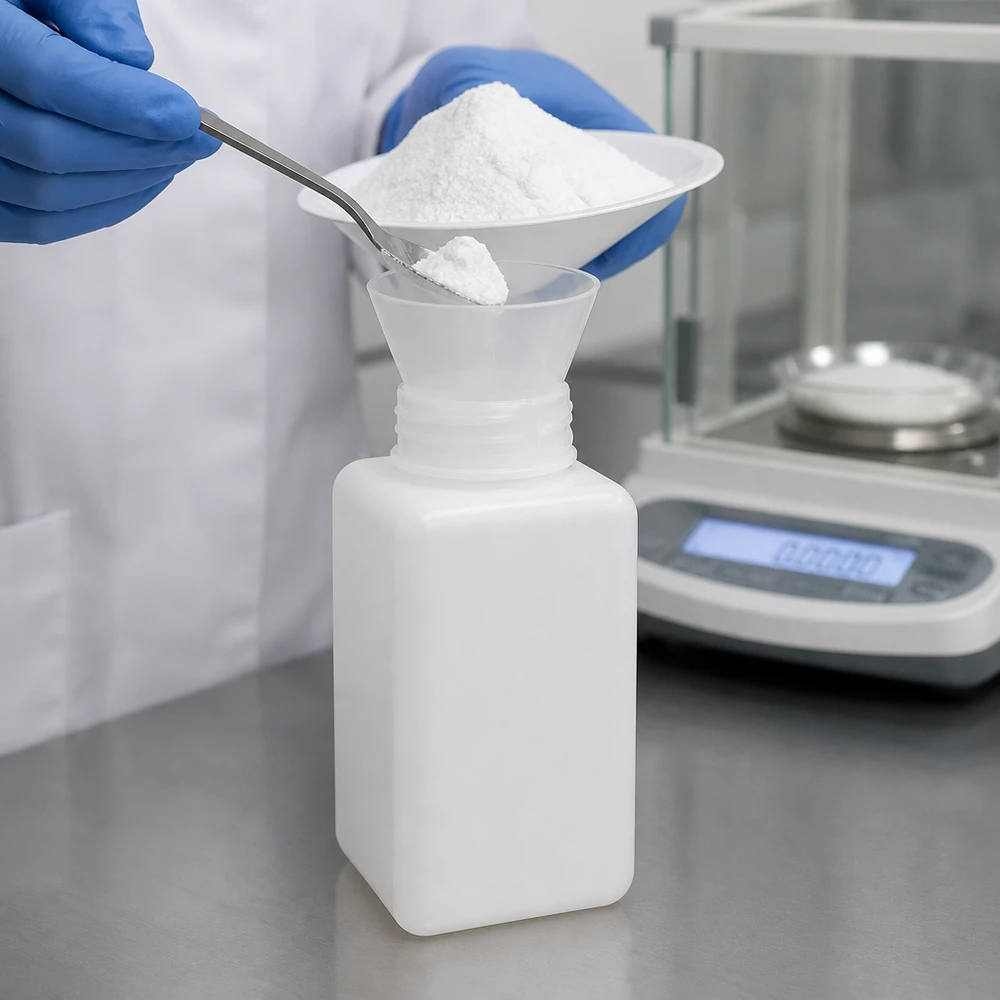 Flacon à produits chimiques 1500 ml à col large, PEHD couleur naturelle, avec bouchon à vis GL 65 Flacon robuste pour produits chimiques, 1 500 ml, en PE-HD, de forme angulaire, couleur naturelle, pour poudres et solides