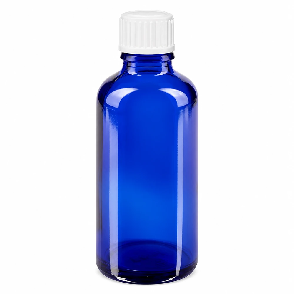 Apothekenflasche blau 50ml Schraubverschluss weiß Globuli Standard Pharmazeutische 50ml Flasche aus blauem Apothekerglas mit weißem Tropfverschluss 3mm Öffnung