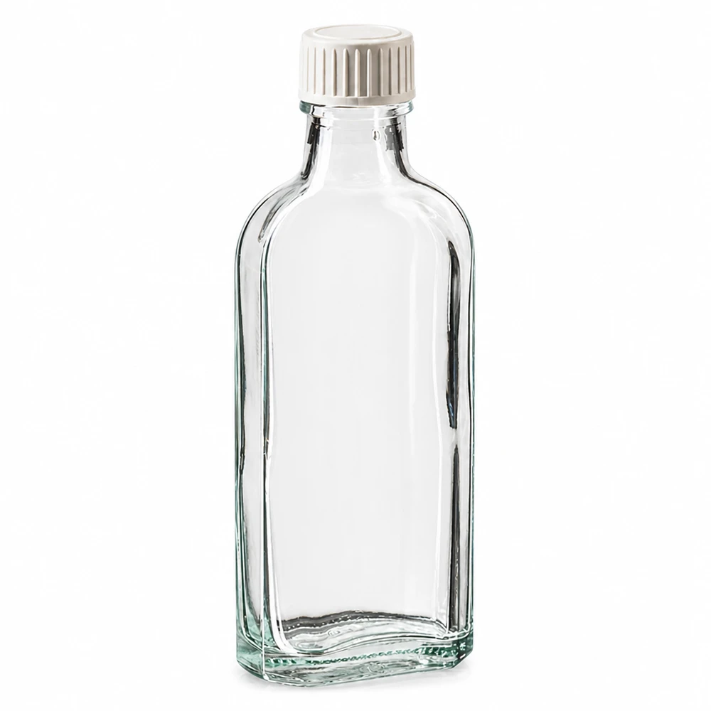 100 ml Meplat klar Schraubverschluss mit PE-Schaumeinlage Meplat Schraubflasche 100ml Klarglas mit weißer Kappe und Schaumeinlage leer