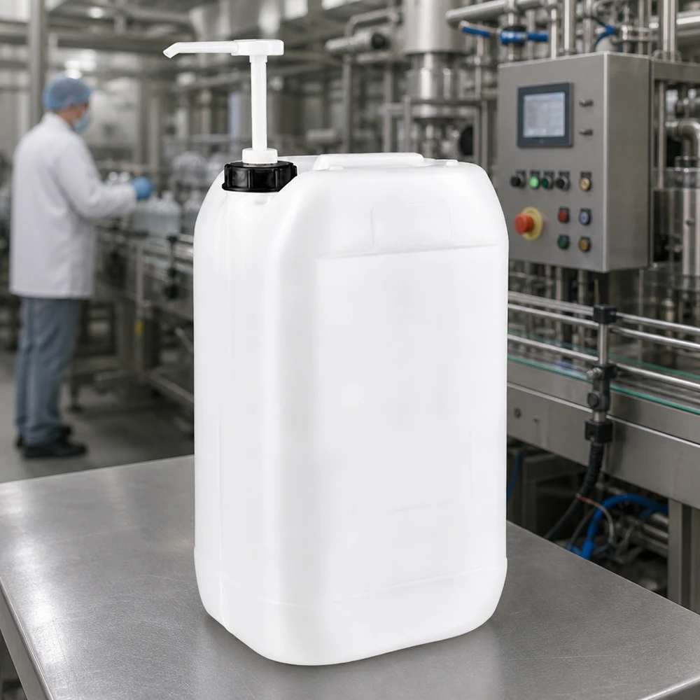 Jerrican de 15 litres avec pompe doseuse Bidon rectangulaire en PEHD de 15 litres équipé d'une pompe doseuse, posé sur une table en acier inoxydable dans une usine de production industrielle