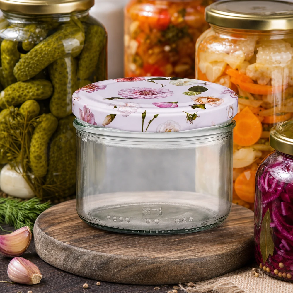 230ml Zylinderglas + BasicSeal Deckel Blume rosa 230ml Zylinderglas mit rosa Blumendeckel zwischen Einmachgläsern - Konservengläser für Fermentation und Vorräte