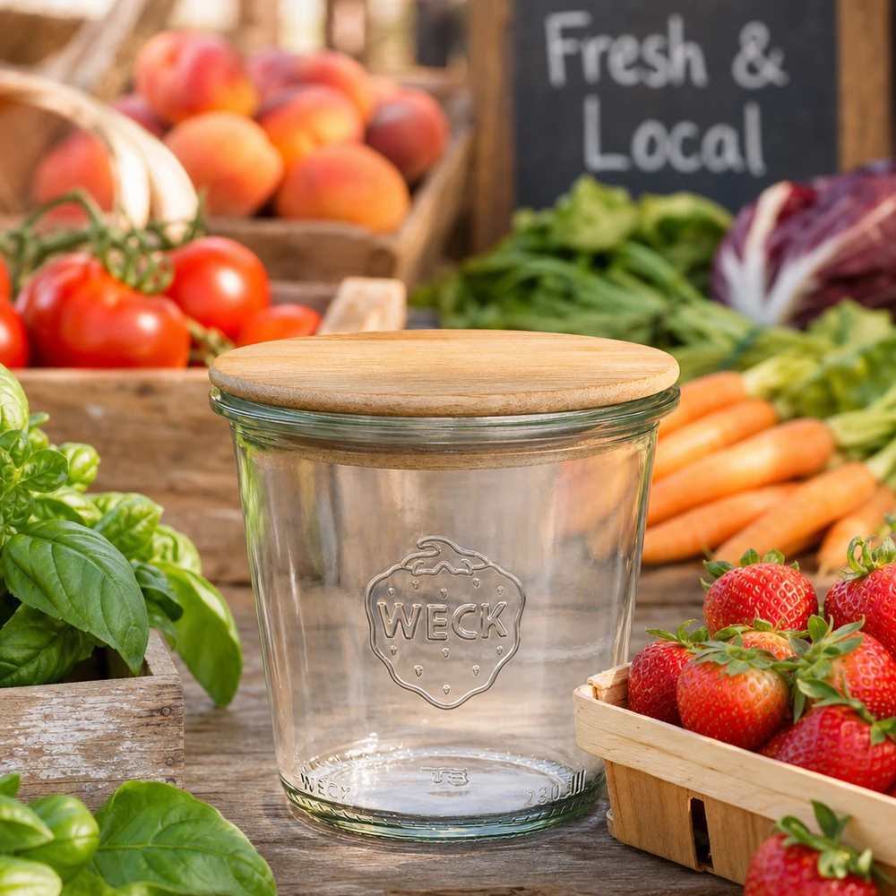 290ml Sturzglas hoch WECK RR80 mit Holzdeckel WECK Vorratsglas 290ml RR80 mit Holzdeckel zwischen frischem Gemüse und Obst auf Marktstand Fresh Local