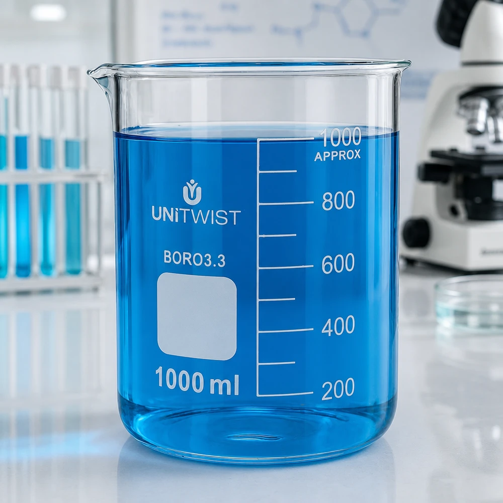 Bicchiere da laboratorio UNiTWIST da 1000 ml in borosilicato, forma bassa, con liquido blu al suo interno