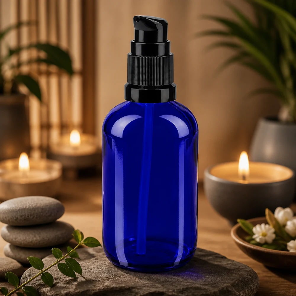 Apothekenflasche blau 100ml PumpVerschluss schwarz Standard Schlanke 100ml blaue Apothekerglasflasche mit Pumpkopf in warmer Kerzenlicht-Atmosphäre
