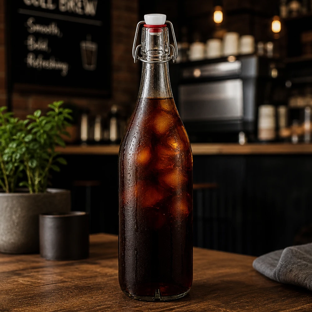 Bottiglia di vetro da 1000 ml + tappo girevole in PVC UNiTWIST 1000ml Glasflasche mit Bügelverschluss gefüllt mit Cola-Getränk auf Holztheke in stilvoller Café-Atmosphäre