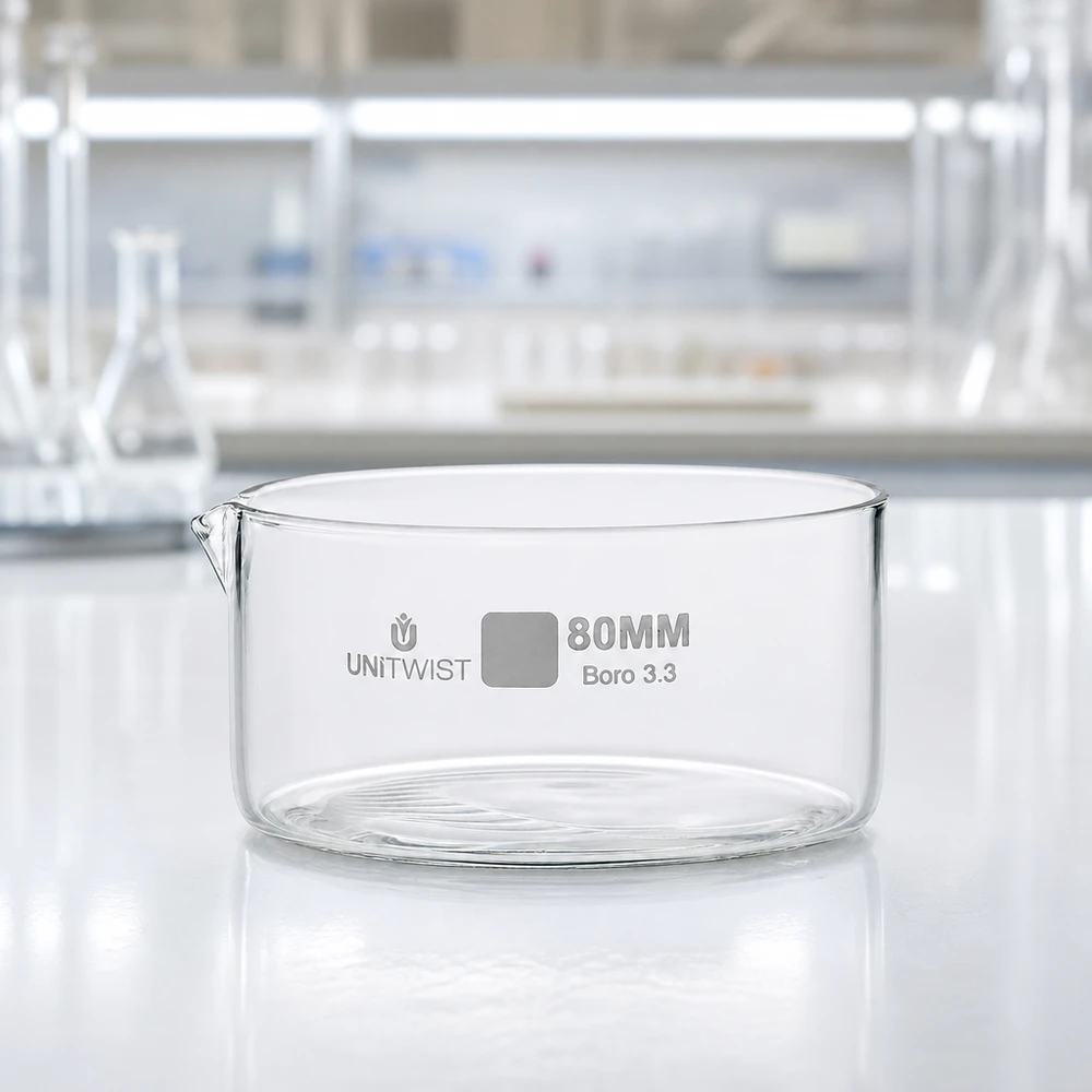 Cristallisoir ø80mm verre borosilicaté UNiTWIST Coupelle de cristallisation vide de 80 mm en verre borosilicaté 3.3 UNiTWIST sur une paillasse de laboratoire blanche