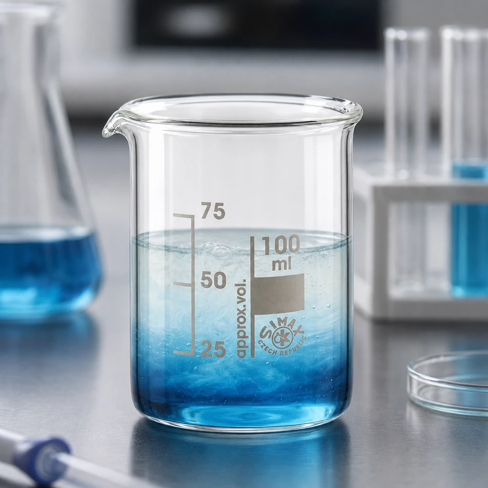 Becher 100ml in vetro borosilicato, forma bassa Bicchiere in vetro borosilicato da 100 ml con soluzione blu e scala millilitrica chiaramente visibile