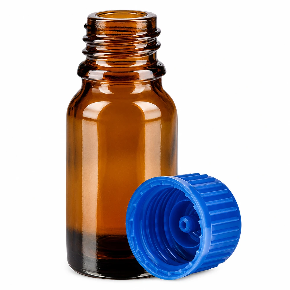 Pratico flacone contagocce da 10 ml in vetro protettivo marrone con tappo ergonomico blu