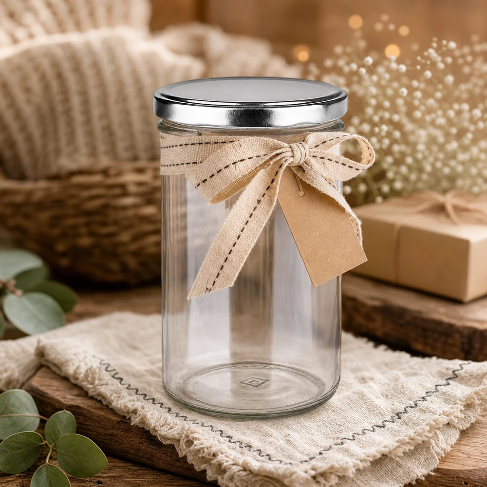 Bicchieri da 277 ml con coperchio BasicSeal argento decorativo con fiocco confezione regalo ambiente rustico in legno