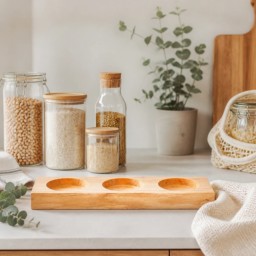 Tagliere Plano3 per 3 barattoli WECK Servierbrett Plano3 aus Bambus auf weißer Arbeitsplatte mit Vorratsgläsern und eucalyptus Deko im skandinavischen Küchen