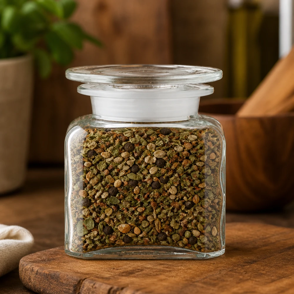Idea barattolo per spezie: bottiglia da farmacia quadrata da 100 ml a collo largo Vaso di vetro trasparente a sezione quadrata con una miscela colorata di erbe aromatiche e grani di pepe in cucina