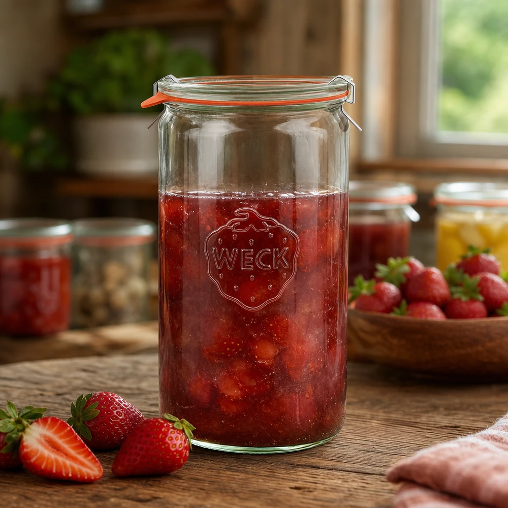 Barattolo cilindrico da 1590 ml completo WECK RR100 Vaso da conserva WECK da 1590 ml pieno di marmellata di fragole su un tavolo di legno con fragole fresche sullo sfondo