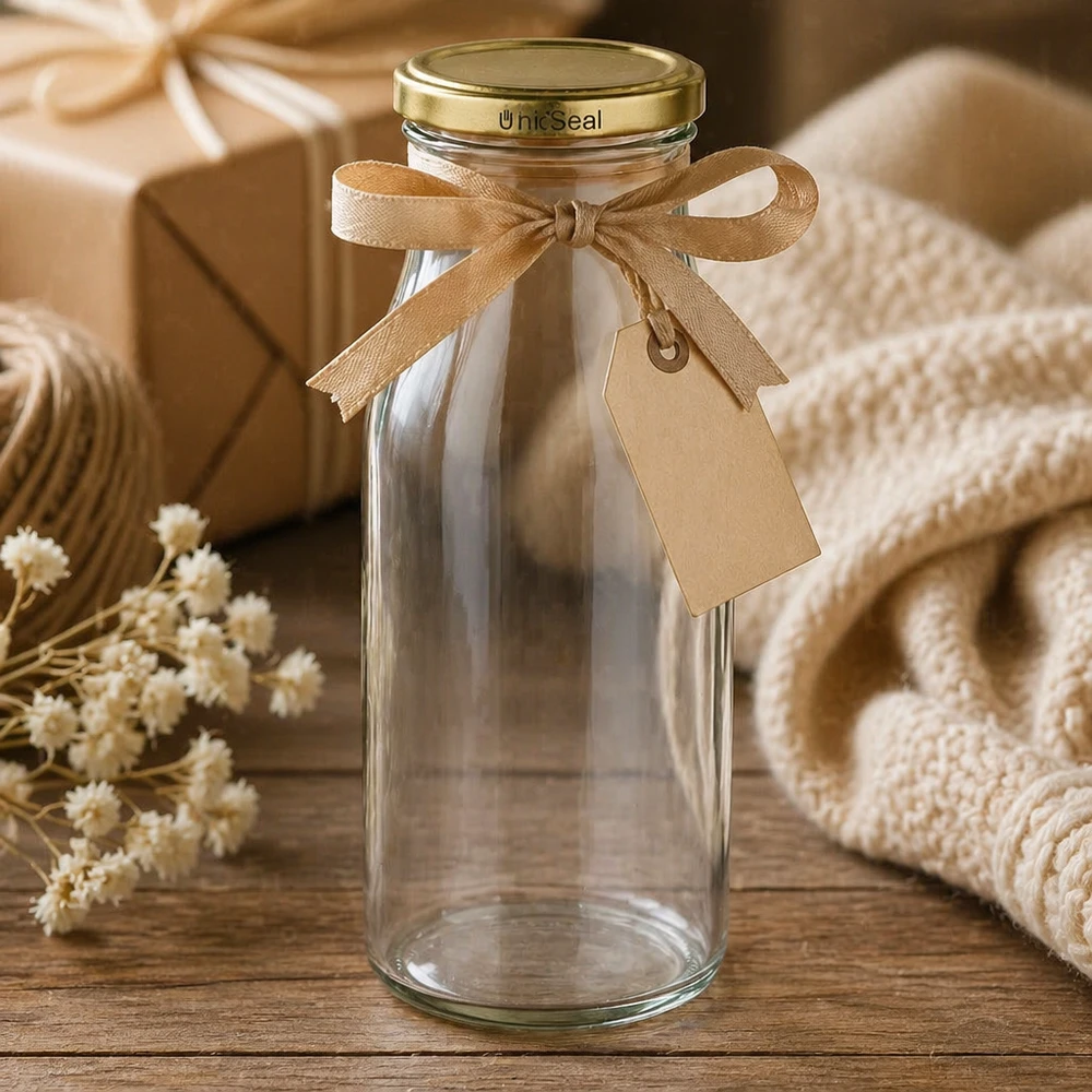 UNiTWIST Glasflasche 150ml dekorativ präsentiert mit Schleifenband goldener BioSeal Deckel Geschenkidee Lifestyle