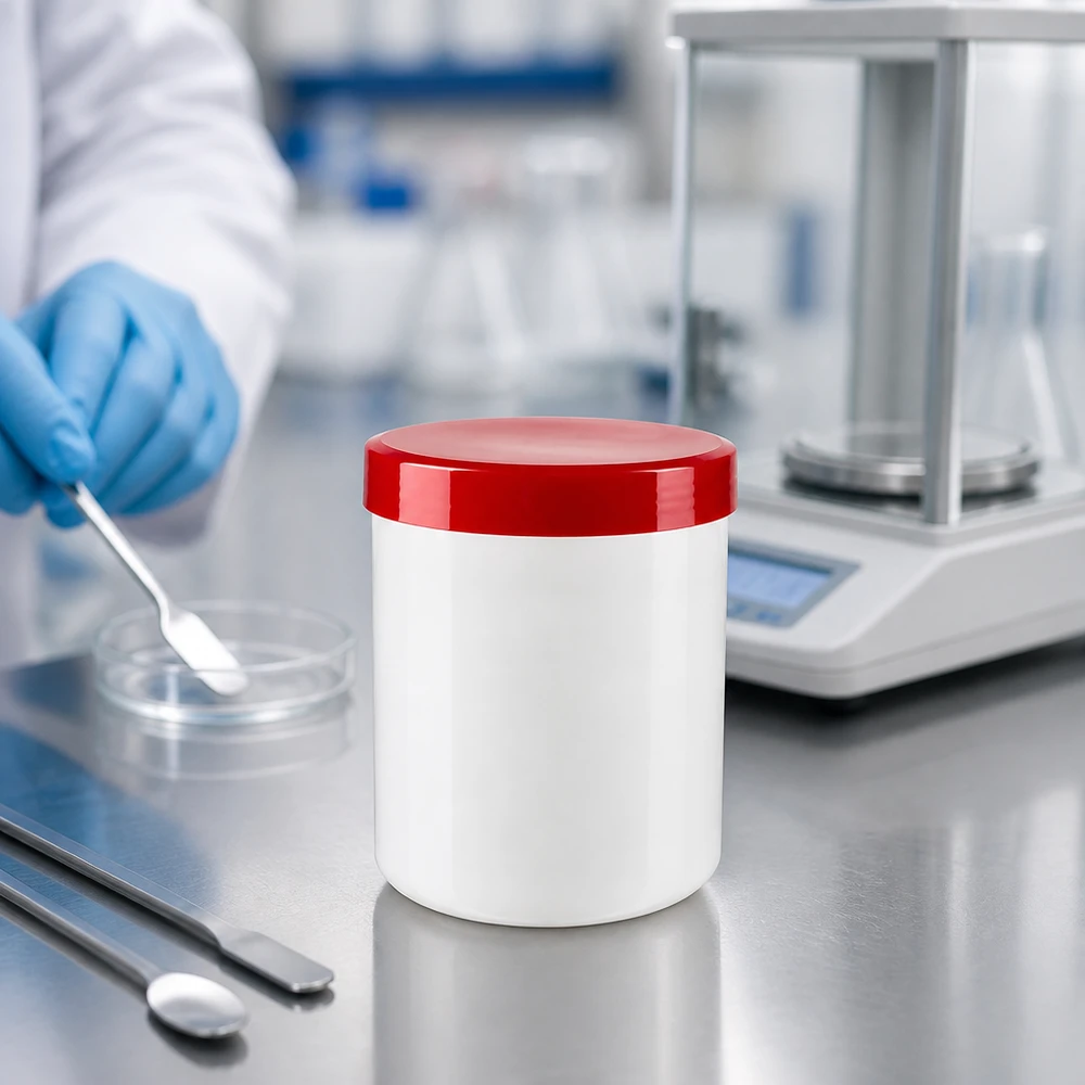 Pot à onguent blanc 200 g avec couvercle rouge (PP) Récipient de pharmacie blanc de 200 g avec couvercle rouge en PP, à côté d'une boîte de Pétri dans un laboratoire