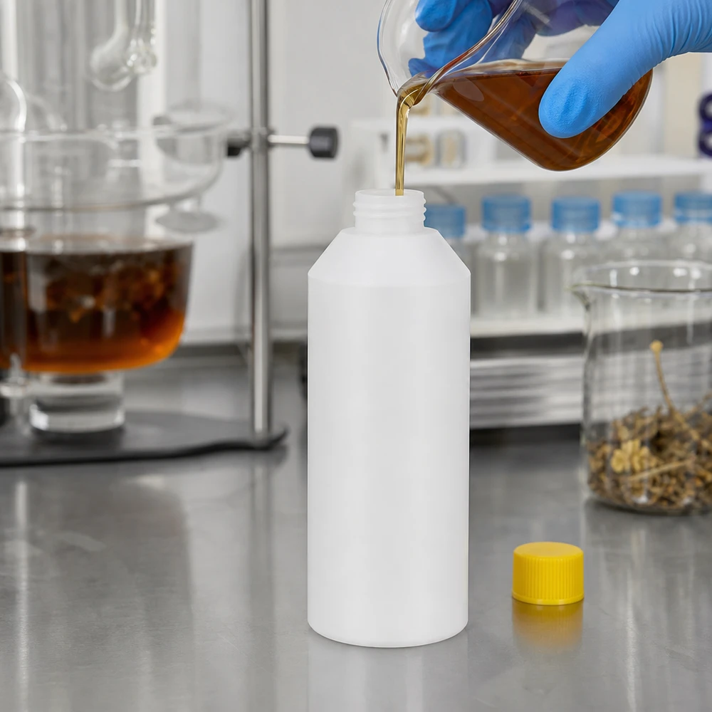 Remplissage d'une bouteille blanche en PEHD de 250 ml avec de l'huile essentielle sur une surface en acier inoxydable