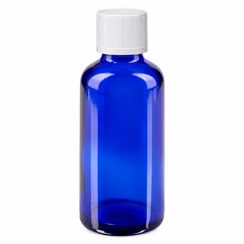 Apothekenflasche blau 50ml Schraubverschluss weiß Kindersicherung Standard Kleine blaue Apothekerflasche 50ml UV-Schutzglas weißer Kindersicherheitsverschluss