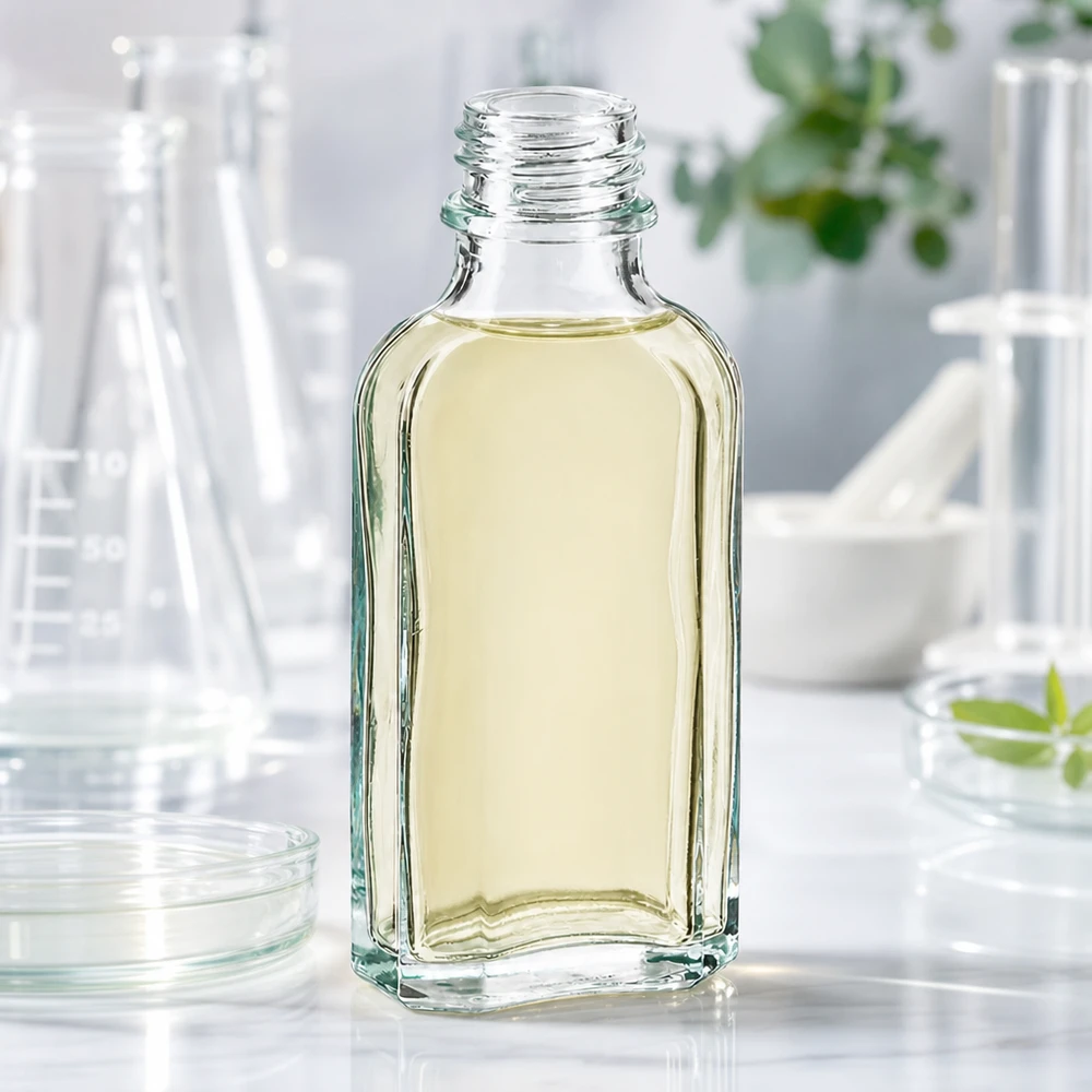 50 ml Meplatflasche klar DIN22 Offene 50 ml Meplatflasche klar mit gelbem Pflanzenextrakt DIN22 Mündung