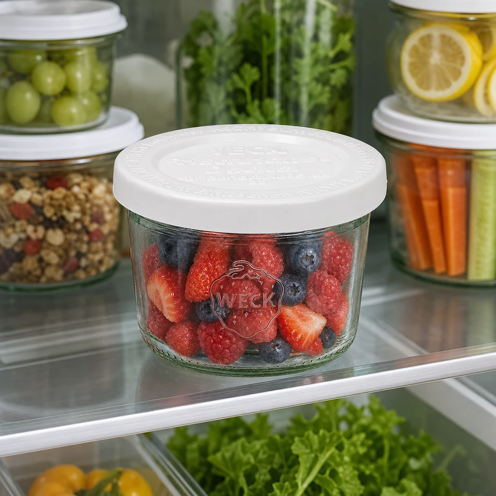Bocal en verre de 80 ml avec couvercle hermétique WECK RR60 80ml WECK Sturzglas RR60 mit gemischten Beeren im Kühlschrank neben anderen Vorratsgläsern mit Gemüse und Obst