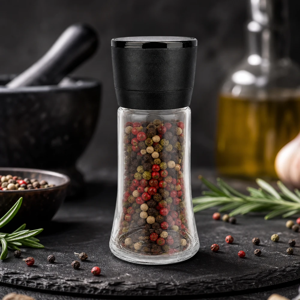 Pot à sel/épices 95 ml avec moulin Vario noir Gewürzglas mit integrierter Mühle Vario 95ml neben Olivenöl Knoblauch und Mörser in Küchenszene