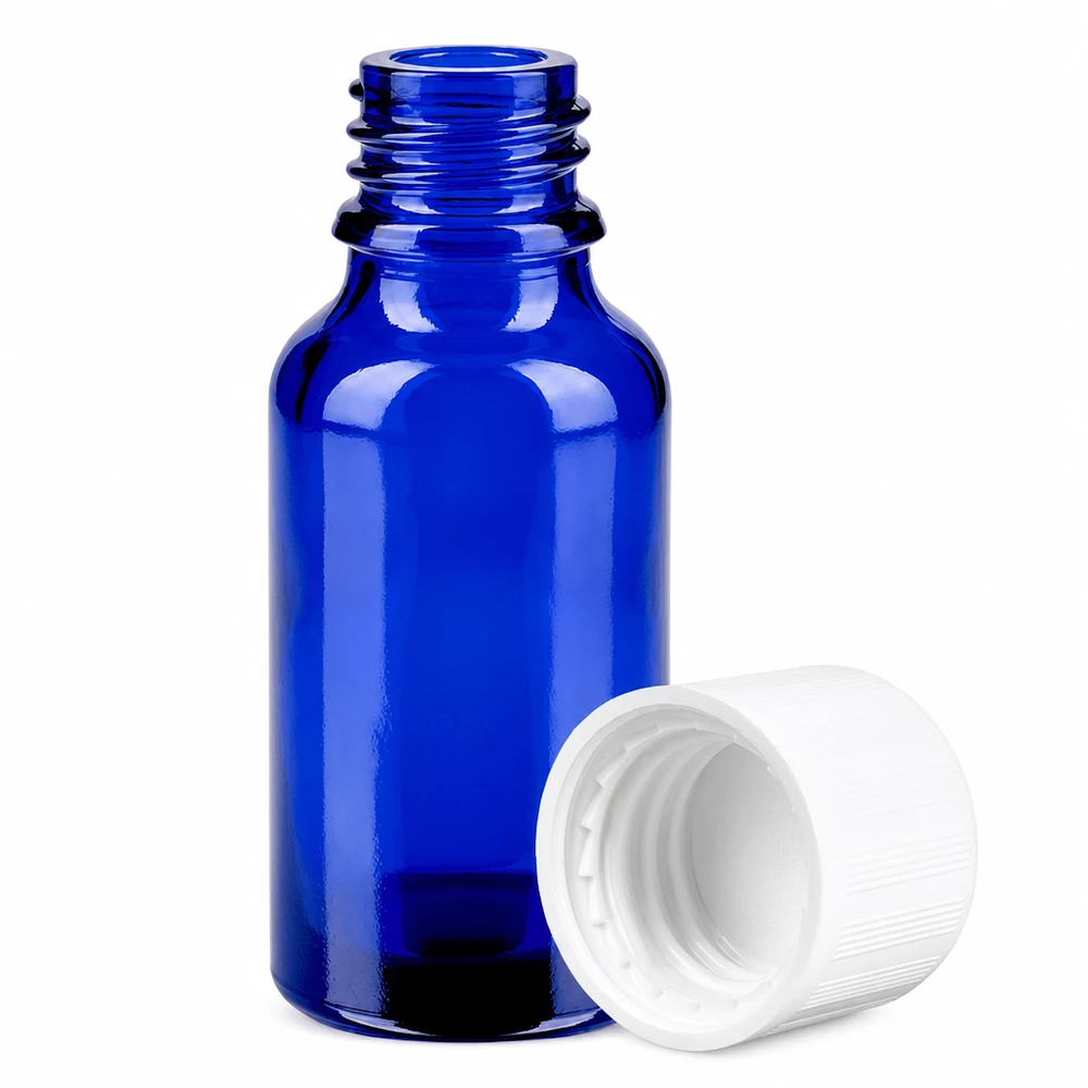 Flacone professionale in vetro blu da 20 ml con collo da 11 mm per un dosaggio preciso dei liquidi