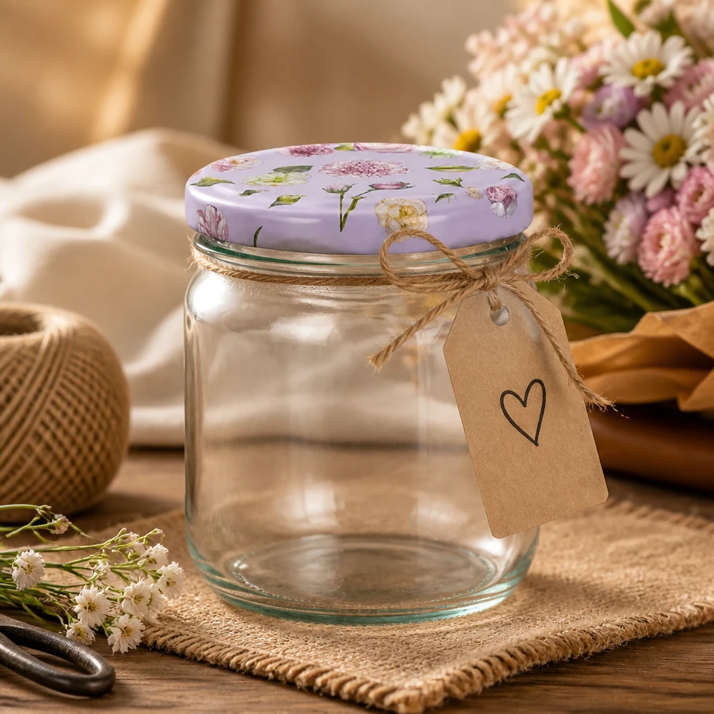 425ml Rundglas + BasicSeal Deckel Blume rosa UNiTWIST 425ml Rundglas mit rosa Blumendeckel BasicSeal leeres Einweckglas Lifestyle-Aufnahme mit Blumen und Geschenkanhänger