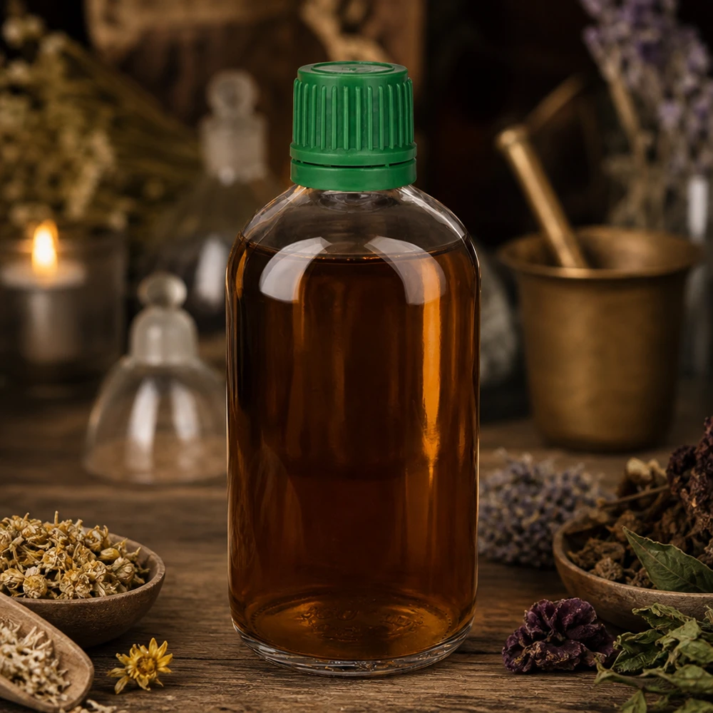 Tintura alle erbe in flacone di vetro trasparente ClearLine UT18 da 100 ml con tappo originale verde e decorazione a tema erbe aromatiche